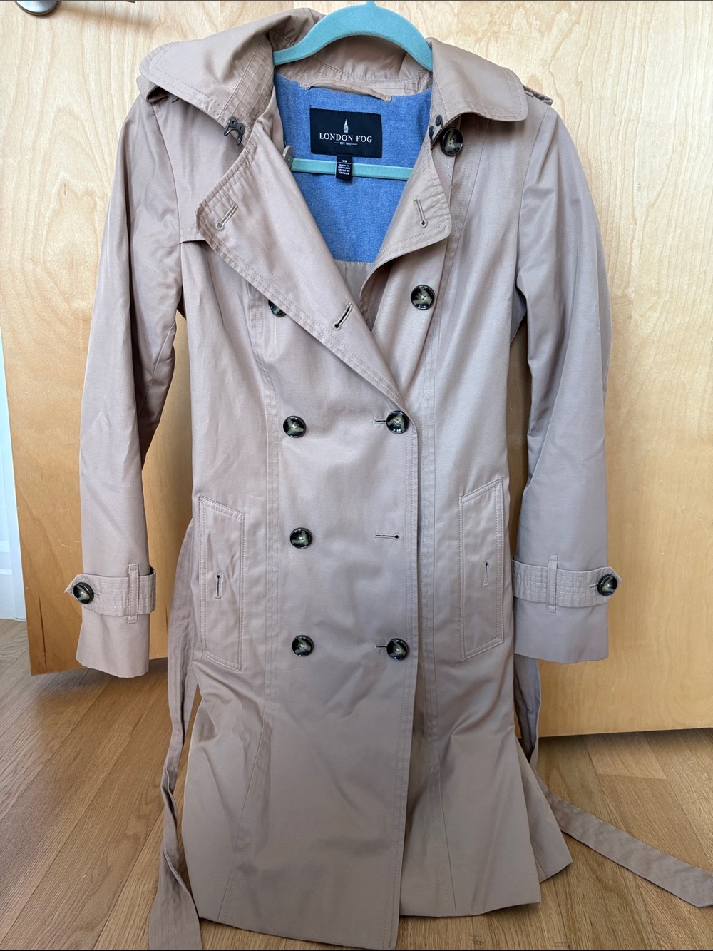 London Fog Beige Double-Breasted Trench Coat with Waist Tie